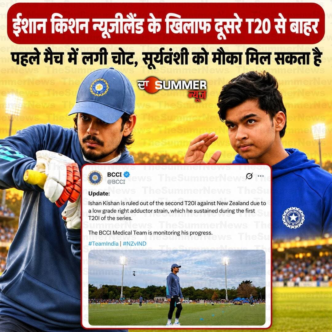 ईशान किशन न्यूजीलैंड के खिलाफ दूसरे T20 से बाहर
पहले मैच में लगी चोट, सूर्यवंशी को मौका मिल सकता है