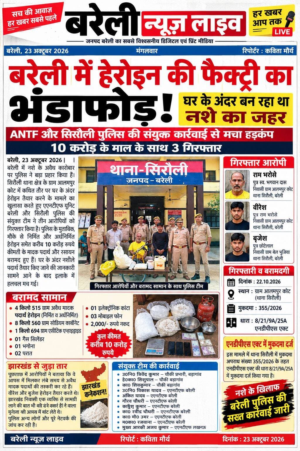 बरेली में हेरोइन की फैक्ट्री का भंडाफोड़! घर के अंदर बन रहा था नशे का जहर, 10 करोड़ के माल के साथ 3 गिरफ्तार
ANTF और <nis:link nis:type=tag nis:id=सिरौली nis:value=सिरौली nis:enabled=true nis:link/> पुलिस की संयुक्त कार्रवाई से मचा हड़कंप, हेरोइन के साथ भारी मात्रा में रसायन और उपकरण बरामद रिपोर्टर कविता मौर्य
Bareilly news Live <nis:link nis:type=tag nis:id=bareillypolice nis:value=Bareillypolice nis:enabled=true nis:link/>