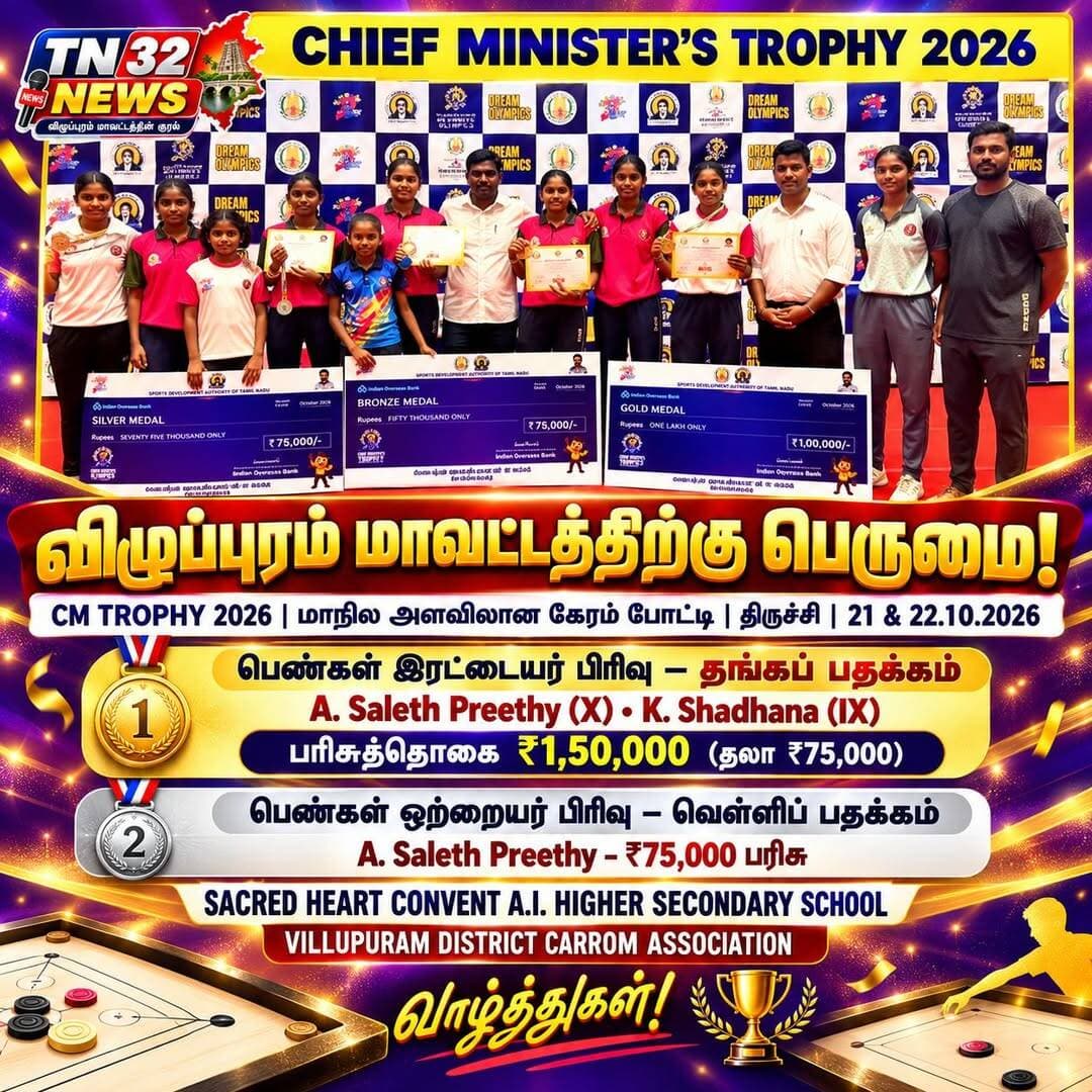 🏆💐 விழுப்புரம் மாவட்டத்திற்கு பெருமை சேர்த்த கேரம் வீராங்கனைகள்! 💐🏆
🥇 CM TROPHY 2026 – மாநில அளவிலான கேரம் போட்டியில் தங்கம் மற்றும் வெள்ளி வென்று சாதனை!
திருச்சியில் 21.10.2026 மற்றும் 22.10.2026 ஆகிய தேதிகளில் நடைபெற்ற முதலமைச்சர் கோப்பைக்கான மாநில அளவிலான கேரம் போட்டியில், விழுப்புரம் மாவட்ட அணியின் சார்பில் பங்கேற்ற Sacred Heart Convent A.I. Higher Secondary School மாணவிகள் சாதனை படைத்துள்ளனர்.
🥇 பெண்கள் இரட்டையர் பிரிவு – தங்கப் பதக்கம்
🌟 A. Saleth Preethy – 10ஆம் வகுப்பு
🌟 K. Shadhana – 9ஆம் வகுப்பு
இருவரும் இணைந்து தங்கப் பதக்கம் வென்று, மொத்தம் ₹1,50,000 பரிசுத்தொகையை கைப்பற்றியுள்ளனர். (தலா ₹75,000)
🥈 பெண்கள் ஒற்றையர் பிரிவு – வெள்ளிப் பதக்கம்
மாணவி A. Saleth Preethy ஒற்றையர் பிரிவிலும் வெள்ளிப் பதக்கம் வென்று ₹75,000 பரிசுத்தொகையைப் பெற்றுள்ளார்.
🏆 ஒரே போட்டியில் தங்கம் மற்றும் வெள்ளிப் பதக்கங்களை வென்று விழுப்புரம் மாவட்டத்திற்கும், மாவட்ட கேரம் சங்கத்திற்கும், பள்ளிக்கும் பெருமை சேர்த்த மாணவிகளை மனதாரப் பாராட்டுவோம்!
இந்த வெற்றிக்குத் துணைநின்ற மாவட்ட கேரம் சங்க நிர்வாகிகள், பள்ளி நிர்வாகம், தலைமை ஆசிரியர், ஆசிரியர்கள், பயிற்சியாளர்கள் மற்றும் பெற்றோர்கள் அனைவருக்கும் வாழ்த்துகளும் நன்றிகளும்! 💐👏
❤️ விழுப்புரம் மாவட்டம் பெருமை கொள்கிறது!
📢 TN32NEWS – விழுப்புரம் மாவட்டத்தின் குரல்
<nis:link nis:type=tag nis:id=tn32news nis:value=TN32NEWS nis:enabled=true nis:link/> <nis:link nis:type=tag nis:id=villupuram nis:value=Villupuram nis:enabled=true nis:link/> <nis:link nis:type=tag nis:id=cmtrophy2026 nis:value=CMTrophy2026 nis:enabled=true nis:link/> <nis:link nis:type=tag nis:id=carromchampions nis:value=CarromChampions nis:enabled=true nis:link/> <nis:link nis:type=tag nis:id=விழுப்புரம் nis:value=விழுப்புரம் nis:enabled=true nis:link/> <nis:link nis:type=tag nis:id=கேரம்போட்டி nis:value=கேரம்போட்டி nis:enabled=true nis:link/> <nis:link nis:type=tag nis:id=தங்கப்பதக்கம் nis:value=தங்கப்பதக்கம் nis:enabled=true nis:link/> <nis:link nis:type=tag nis:id=வெள்ளிப்பதக்கம் nis:value=வெள்ளிப்பதக்கம் nis:enabled=true nis:link/> <nis:link nis:type=tag nis:id=தமிழ்நாடு nis:value=தமிழ்நாடு nis:enabled=true nis:link/> <nis:link nis:type=tag nis:id=மாணவிகளின்சாதனை nis:value=மாணவிகளின்சாதனை nis:enabled=true nis:link/>