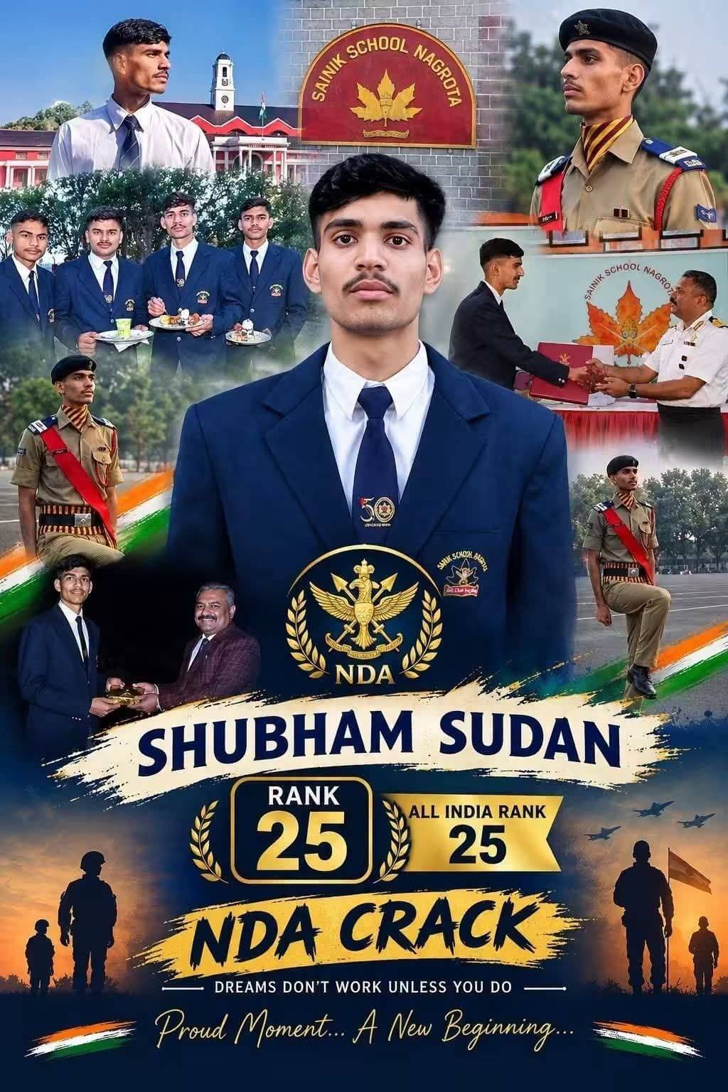 शुभम सूदन , पुत्र श्री राजेश कुमार, निवासी तातापानी, तहसील कलाकोट, जिला राजौरी, को एनडीए परीक्षा में अखिल भारतीय 25वीं रैंक प्राप्त करने पर हार्दिक बधाई!
आपकी यह उल्लेखनीय उपलब्धि आपके परिवार और पूरे कलाकोट-सुंदरबनी क्षेत्र के लिए अपार गर्व का विषय है। आशा है आप इसी प्रकार चमकते रहेंगे और सम्मान एवं समर्पण के साथ राष्ट्र की सेवा करते रहेंगे। 🌹🌹