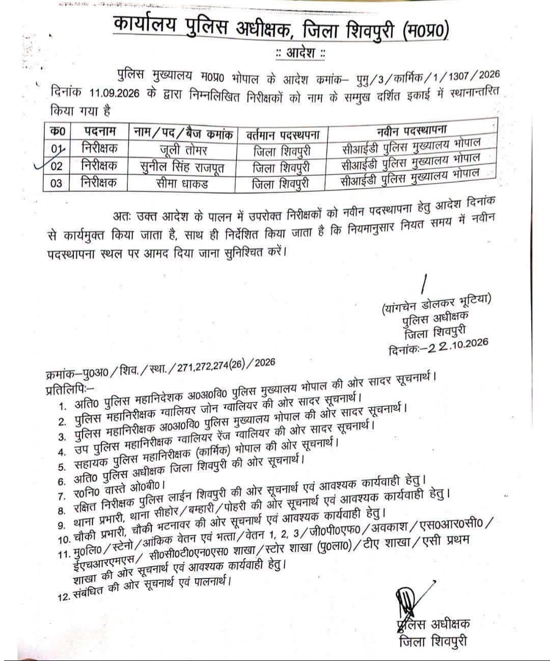 शिवपुरी- सुनील सिंह राजपूत जूली तोमर सीमा धाकड़ को नवीन पदस्थापना (सीआईडी पुलिस मुख्यालय भोपाल) हेतु शिवपुरी से कार्यमुक्त किया👇👇