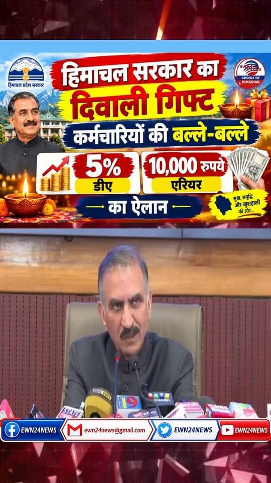 कर्मचारियों की बल्ले-बल्ले ... #SukhvinderSinghSukhu #HPNews #DAHike #DiwaliGift #GovernmentEmployees #ewn24news #choiceofhimachal #HimachalNews #BreakingNews #HPGovernment #HimachalPradesh