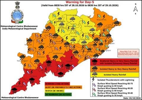 ବାରିପଦା ସଦର: ମୟୂରଭଞ୍ଜରେ ଅରେଞ୍ଜ ୱାର୍ଣିଂ: ୨୮ ରୁ ୩୦ ଅକ୍ଟୋବର ପର୍ଯ୍ୟନ୍ତ ପ୍ରବଳ ବର୍ଷା ଓ ବଜ୍ରପାତ ସମ୍ଭାବନା