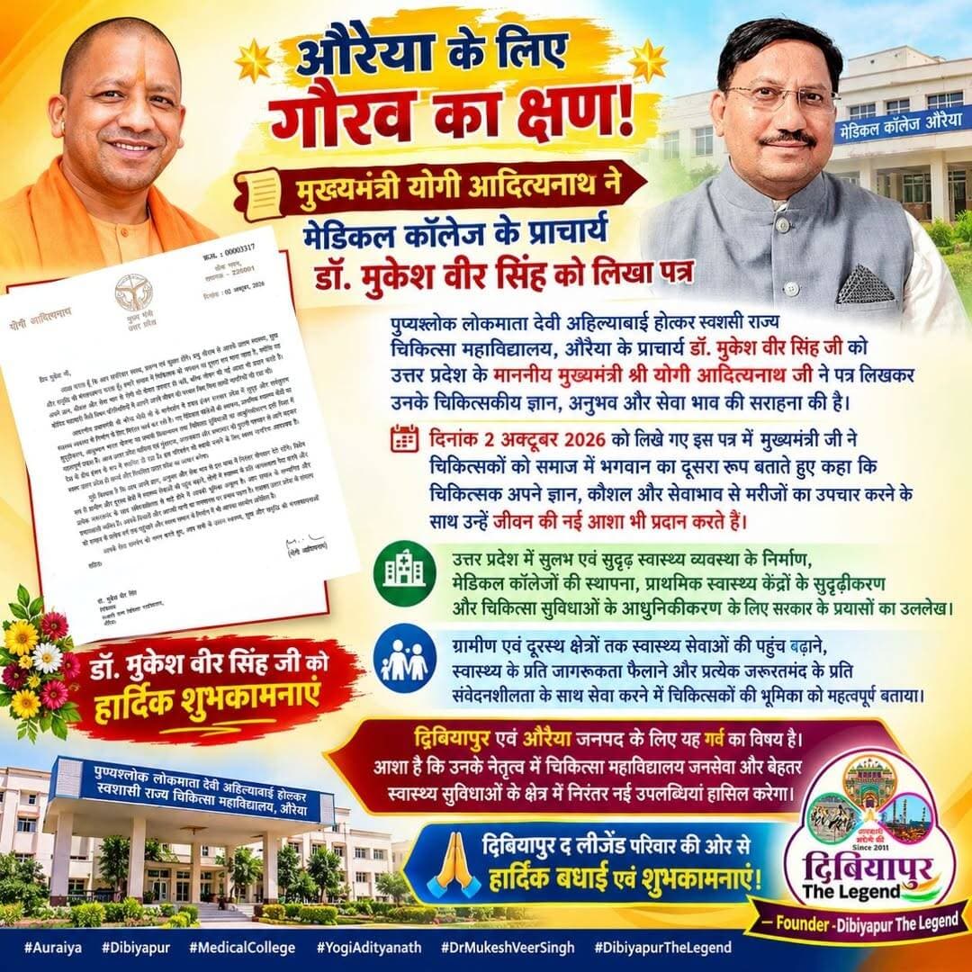 🌟 **औरैया के लिए गौरव का क्षण!** 🌟
📜 **मुख्यमंत्री योगी आदित्यनाथ ने मेडिकल कॉलेज के प्राचार्य डॉ. मुकेश वीर सिंह को लिखा पत्र**
पुण्यश्लोक लोकमाता देवी अहिल्याबाई होल्कर स्वशासी राज्य चिकित्सा महाविद्यालय, औरैया के प्राचार्य **डॉ. मुकेश वीर सिंह जी** को उत्तर प्रदेश के माननीय मुख्यमंत्री श्री योगी आदित्यनाथ जी ने पत्र लिखकर उनके चिकित्सकीय ज्ञान, अनुभव और सेवा भाव की सराहना की है।
📍 **दिनांक 2 अक्टूबर 2026 को लिखे गए इस पत्र में** मुख्यमंत्री जी ने चिकित्सकों को समाज में भगवान का दूसरा रूप बताते हुए कहा कि चिकित्सक अपने ज्ञान, कौशल और सेवाभाव से मरीजों का उपचार करने के साथ उन्हें जीवन की नई आशा भी प्रदान करते हैं।
मुख्यमंत्री जी ने उत्तर प्रदेश में सुलभ एवं सुदृढ़ स्वास्थ्य व्यवस्था के निर्माण, मेडिकल कॉलेजों की स्थापना, प्राथमिक स्वास्थ्य केंद्रों के सुदृढ़ीकरण और चिकित्सा सुविधाओं के आधुनिकीकरण के लिए सरकार के प्रयासों का भी उल्लेख किया।
पत्र में ग्रामीण एवं दूरस्थ क्षेत्रों तक स्वास्थ्य सेवाओं की पहुंच बढ़ाने, स्वास्थ्य के प्रति जागरूकता फैलाने और प्रत्येक जरूरतमंद के प्रति संवेदनशीलता के साथ सेवा करने में चिकित्सकों की भूमिका को महत्वपूर्ण बताया गया है।
💐 **दिबियापुर एवं औरैया जनपद के लिए यह गर्व का विषय है।** डॉ. मुकेश वीर सिंह जी को इस पत्र के लिए हार्दिक शुभकामनाएं। आशा है कि उनके नेतृत्व में चिकित्सा महाविद्यालय जनसेवा और बेहतर स्वास्थ्य सुविधाओं के क्षेत्र में निरंतर नई उपलब्धियां हासिल करेगा।
🙏 दिबियापुर द लीजेंड परिवार की ओर से हार्दिक बधाई एवं शुभकामनाएं।
@DrMukesh Vir Singh
<nis:link nis:type=tag nis:id=auraiya nis:value=Auraiya nis:enabled=true nis:link/> <nis:link nis:type=tag nis:id=dibiyapur nis:value=Dibiyapur nis:enabled=true nis:link/> <nis:link nis:type=tag nis:id=medicalcollege nis:value=MedicalCollege nis:enabled=true nis:link/> <nis:link nis:type=tag nis:id=yogiadityanath nis:value=YogiAdityanath nis:enabled=true nis:link/> <nis:link nis:type=tag nis:id=drmukeshveersingh nis:value=DrMukeshVeerSingh nis:enabled=true nis:link/>