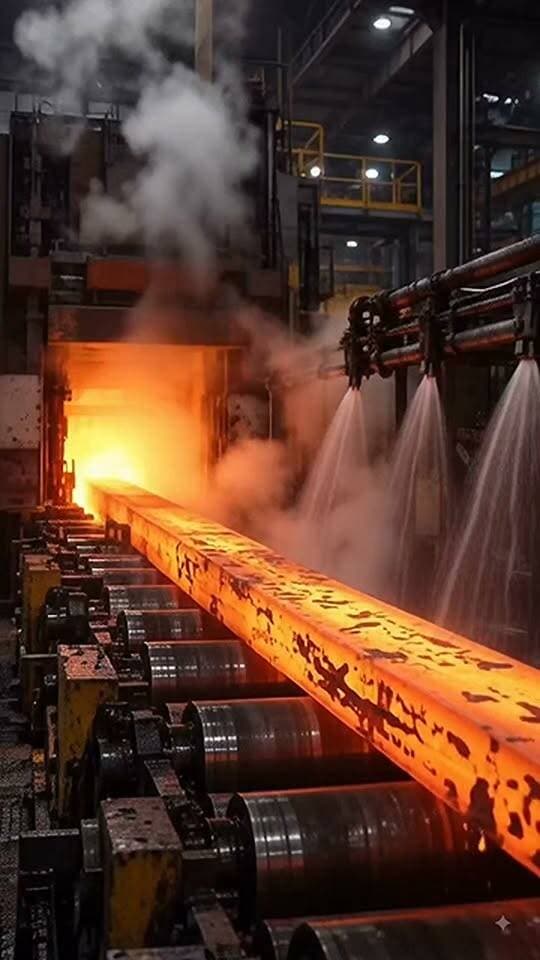 Witness the raw power of manufacturing as glowing hot steel meets high-pressure water sprays. What heavy industry process fascinates you the most? #steelmaking #manufacturing #heavyindustry #engineering