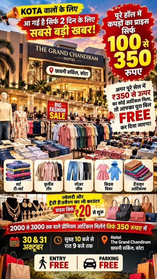🔥 KOTA वालों! सिर्फ 2 दिन… कपड़ों की सबसे बड़ी सेल! 🛍️😍
😱 ₹2000–₹3000 वाले प्रीमियम कपड़े अब सिर्फ ₹100 से ₹350 तक! 🤯
और अगर ₹350 से ऊपर का कोई आर्टिकल मिला, तो पूरा बिल FREE! 🎉
👗 शर्ट | टी-शर्ट | कुर्ती | टॉप | जींस | किड्स वियर
👜 ट्रेंडी हैंडबैग और ज्वेलरी सिर्फ ₹20 से शुरू! ✨
📅 Date: 30 & 31 अक्टूबर
⏰ Time: सुबह 10 बजे से रात 9 बजे तक
📍 Location: Hotel The Grand Chandiram, छावनी सर्किल, कोटा
🎟️ Entry FREE | 🅿️ Parking FREE
🔥 सिर्फ 2 दिन का मौका है, इसलिए अपने दोस्तों और फैमिली के साथ जरूर आएं!
📲 इस पोस्ट को अपने दोस्तों के साथ शेयर करें और कोटा की इस धमाकेदार सेल की जानकारी सब तक पहुंचाएं! ❤️
#Kota #KotaShopping #KotaSale #KotaRajasthan #ShoppingFestival MegaSale KotaBuzz TheGrandChandiram
