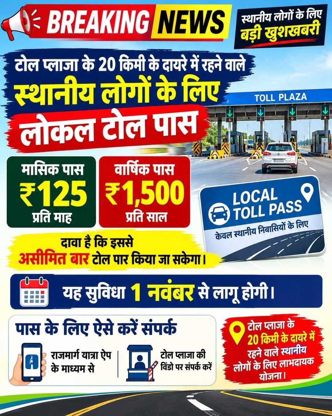 20 किलोमीटर के दायरे में टोल से लोगों को मिलेगी बड़ी राहत मासिक पास 125 रुपए
