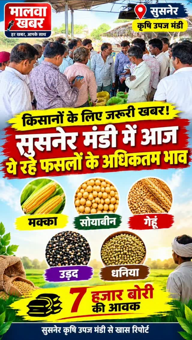 सुसनेर: किसानों के लिए जरूरी खबर! सुसनेर मंडी में आज ये रहे फसलों के अधिकतम भाव!
#सुसनेरमंडी #कृषिउपजमंडी #मालवाखबर #SusnerMandi #MandiBhav किसानोंकेलिएजरूरीखबर किसान मक्काभाव सोयाबीन गेहूं उड़द धनिया आगरमालवा मध्यप्रदेशसमाचार मंडीअपडेट कृषिसमाचार आजकेमंडीभाव SusnerNews MalwaKhabar FarmersNews