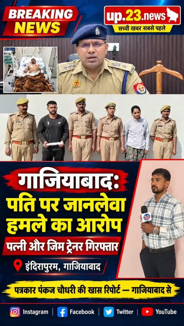 गाजियाबाद के इंदिरापुरम इलाके में पत्नी ने अपने जिम ट्रेनर प्रेमी के साथ मिलकर सो रहे पति पर चाकू से जानलेवा हमला करवा दिया। पुलिस ने पत्नी और जिम ट्रेनर दोनों को गिरफ्तार कर लिया है।
मुख्य घटनाक्रम:
स्थान: वसुंधरा सेक्टर-1 (जागृति आरडब्ल्यूए सोसायटी), इंदिरापुरम, गाजियाबाद।
पीड़ित: शशांक कंथरिया (35 वर्ष), जो दिल्ली सरकार के पोस्टल विभाग में सीनियर अकाउंटेंट हैं।
आरोपी पत्नी: प्रिया शर्मा (शशांक की पत्नी), जो खुद भी सीनियर अकाउंटेंट है।
जिम ट्रेनर प्रेमी: प्रताप सिंह (30 वर्ष), जो 'फिटनेस हेडक्वार्टर' जिम में ट्रेनर है।
पूरी घटना:
अवैध संबंध: प्रिया शर्मा पिछले 7-8 महीने से प्रताप सिंह के जिम में एक्सरसाइज करने जाती थी, जहां दोनों के बीच नजदीकियां बढ़ीं।
योजना: पति शशांक को जब दोनों के प्रेम संबंधों के बारे में पता चला, तो वह दिवाली के बाद फ्लैट बदलकर कहीं और जाने की तैयारी कर रहे थे। यह बात पता चलते ही प्रिया और प्रताप ने शशांक को रास्ते से