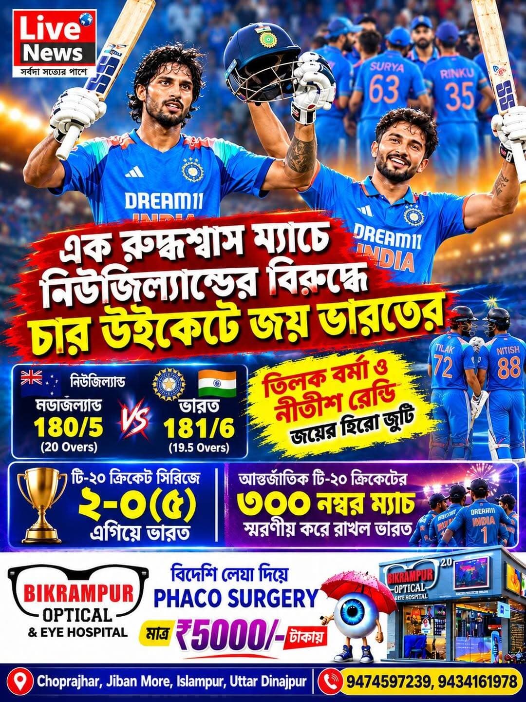 এক রুদ্ধশ্বাস ম্যাচে নিউজিল্যান্ডের বিরুদ্ধে চার উইকেটে জয় ভারতের