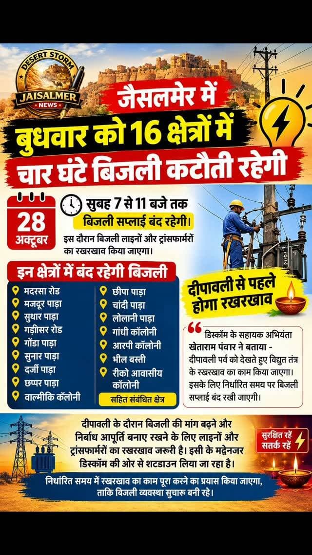 #desertstormnews #jaisalmernews #jaisalmer #desertstorm जैसलमेर में बुधवार को 16 क्षेत्रों में चार घंटे बिजली कटौती रहेगी। 28 अक्टूबर को सुबह 7 से 11 बजे तक बिजली सप्लाई बंद रहेगी। इस दौरान बिजली लाइनों और ट्रांसफार्मरों का रखरखाव किया जाएगा।
इन क्षेत्रों में बंद रहेगी बिजली
जोधपुर डिस्कॉम के अनुसार, बुधवार सुबह 7 से 11 बजे तक मदरसा रोड, मजदूर पाड़ा, सुथार पाड़ा, गड़ीसर रोड, गोंडा पाड़ा, सुनार पाड़ा, दर्जी पाड़ा, छप्पर पाड़ा, वाल्मीकि कॉलोनी, छीपा पाड़ा, चांदी पाड़ा, लोलानी पाड़ा, गांधी कॉलोनी, आरपी कॉलोनी, भील बस्ती और रीको आवासीय कॉलोनी सहित संबंधित क्षेत्रों में विद्युत आपूर्ति बाधित रहेगी।दीपावली से पहले होगा रखरखाव
डिस्कॉम के सहायक अभियंता खेताराम पंवार ने बताया - दीपावली पर्व को देखते हुए विद्युत तंत्र के रखरखाव का काम किया जाएगा। इसके लिए निर्धारित समय पर बिजली सप्लाई बंद रखी जाएगी।
दीपावली के दौरान बिजली की मांग बढ़ने और निर्बाध आपूर्ति बनाए रखने के लिए लाइनों और