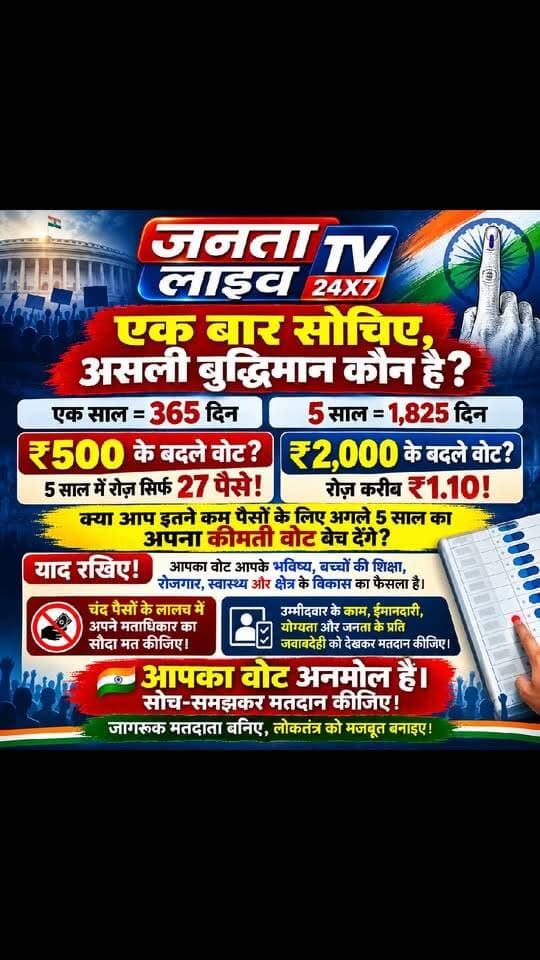 🗳️ एक बार सोचिए, असली बुद्धिमान कौन है?
एक साल = 365 दिन
5 साल = 1,825 दिन
अगर कोई आपके एक वोट के बदले ₹500 देता है, तो 5 साल के हिसाब से प्रतिदिन लगभग 27 पैसे मिलते हैं।
अगर कोई ₹2,000 देता है, तो प्रतिदिन लगभग ₹1.10 मिलते हैं।
अब खुद सोचिए, क्या आप इतने कम पैसों के लिए अगले 5 साल का अपना कीमती वोट बेच देंगे?
⚠️ याद रखिए!
आपका वोट केवल एक बटन दबाना नहीं है, बल्कि अपने भविष्य, अपने बच्चों की शिक्षा, रोजगार, स्वास्थ्य और क्षेत्र के विकास का फैसला है।
💡 चंद पैसों के लालच में अपने मताधिकार का सौदा मत कीजिए।
उम्मीदवार की जाति, धर्म या पैसों के बजाय उसके काम, ईमानदारी, योग्यता और जनता के प्रति जवाबदेही को देखकर मतदान कीजिए।
🇮🇳 आपका वोट अनमोल है। इसे सोच-समझकर इस्तेमाल कीजिए।
जागरूक मतदाता बनिए, लोकतंत्र को मजबूत बनाइए।
#मतदाता_जागरूकता #मेरा_वोट_मेरी_ताकत #मताधिकार #लोकतंत्र #जागरूक_नागरिक #निष्पक्ष_मतदान