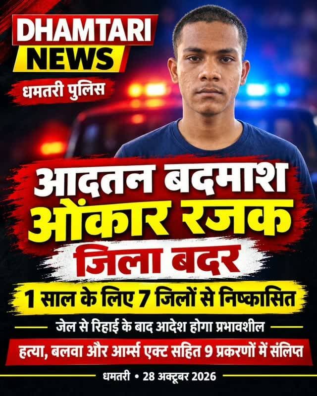 एसपी धमतरी की अनुशंसा पर आदतन बदमाश ओंकार रजक उर्फ रवि जिला बदर, कलेक्टर एवं जिला दण्डाधिकारी ने जारी किया आदेश,एक वर्ष के लिए धमतरी सहित 07 जिलों की राजस्व सीमाओं से निष्कासन, जेल से रिहाई के बाद आदेश होगा प्रभावशील,हत्या, बलवा एवं आर्म्स एक्ट सहित 09 आपराधिक एवं प्रतिबंधात्मक प्रकरणों में संलिप्त बदमाश पर सख्त वैधानिक कार्यवाही,वर्ष 2026 में अब तक 03 आदतन बदमाशों के विरुद्ध जिला बदर की प्रभावी कार्यवाही हेतु आदेश पारित, असामाजिक तत्वों पर धमतरी पुलिस का सख्त प्रहार
#jilabadarbadmash #badmash #karywahi #dhamtarinews #jilabadarhuabadmash