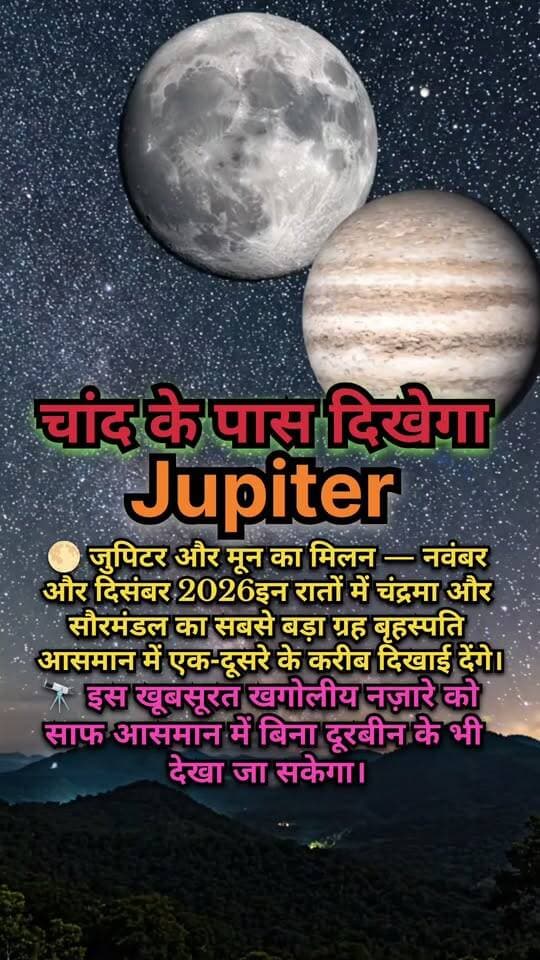 🌕 Title:
चाँद के पास दिखेगा बृहस्पति ग्रह! 🪐✨ नवंबर-दिसंबर 2026 का अद्भुत खगोलीय नज़ारा
📝 Description:
🌌 क्या आप आसमान में चंद्रमा और बृहस्पति ग्रह को एक-दूसरे के करीब देखना चाहते हैं?
नवंबर और दिसंबर 2026 में कुछ रातों को चंद्रमा और सौरमंडल का सबसे बड़ा ग्रह बृहस्पति आकाश में एक-दूसरे के पास दिखाई दे सकते हैं। 🌕🪐
✨ साफ आसमान में इस खूबसूरत खगोलीय नज़ारे को बिना दूरबीन के भी देखा जा सकता है। हालाँकि, दोनों वास्तव में एक-दूसरे के पास नहीं होंगे, बल्कि पृथ्वी से देखने पर पास दिखाई देंगे।
🔭 इस अद्भुत अंतरिक्ष घटना को देखने के लिए तैयार रहें!
❤️ पोस्ट पसंद आए तो Like करें, दोस्तों के साथ Share करें और ऐसी ही रोचक अंतरिक्ष जानकारी के लिए हमारे Facebook Page को Follow करें।
🏷️ Hashtags:
#Jupiter #MoonAndJupiter #NightSky #SpaceLovers