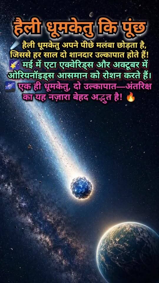 हैली धूमकेतु की पूँछ का रहस्य ☄️ | अंतरिक्ष का अद्भुत नज़ारा 🌌
क्या आप जानते हैं कि हैली धूमकेतु (Halley’s Comet) अपने पीछे धूल और गैस के कण छोड़ता है? ☄️✨
🌠 हैली धूमकेतु लगभग हर 76 साल में सूर्य के पास लौटता है।
🌌 मई में Eta Aquariids और अक्टूबर में Orionids उल्कापात देखने को मिलते हैं।
🔥 एक ही धूमकेतु से जुड़े ये दोनों उल्कापात अंतरिक्ष के अद्भुत नज़ारे हैं!
🚀 ब्रह्मांड के ऐसे ही रोचक रहस्यों और विज्ञान से जुड़ी अद्भुत जानकारियों के लिए हमारे Facebook Page को Follow करें और पोस्ट को Like व Share करना न भूलें! ❤️
#HalleyComet #MeteorShower #EtaAquariids