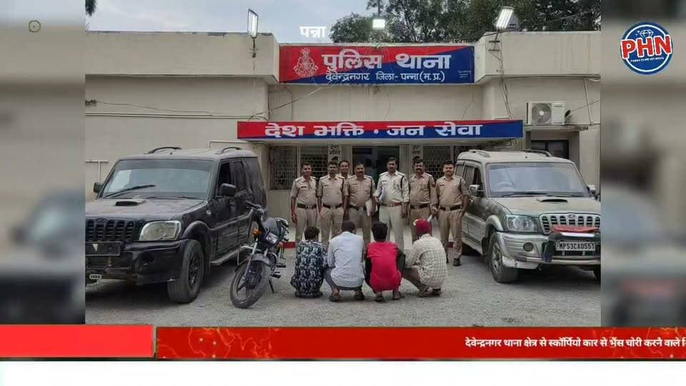 पन्ना पुलिस की बड़ी कार्यवाही: देवेन्द्रनगर थाना क्षेत्र से स्कॉर्पियो कार से भैंस चोरी करने वाले गिरोह के 04 आरोपी गिरफ्तार।, चोरी किए गए 03 पशु बरामद कर, घटना में प्रयुक्त 02 स्कॉर्पियो कार कीमती करीब 05 लाख रुपये, 01 मोटरसाइकिल कीमती 80 हजार रुपये एवं नगदी की गई जप्त।