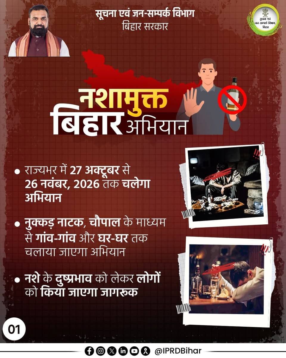 नशामुक्त बिहार बनाने के लिए माननीय मुख्यमंत्री श्री सम्राट चौधरी जी प्रतिबद्ध। आइए, नशे से दूर रहने और दूसरों को भी जागरूक करने का संकल्प लें। मिलकर एक स्वस्थ, सुरक्षित और खुशहाल बिहार का निर्माण करें।
Samrat Choudhary
Prohibition,Excise & Registration Department, Bihar
<nis:link nis:type=tag nis:id=nashamuktbihar nis:value=NashaMuktBihar nis:enabled=true nis:link/>
<nis:link nis:type=tag nis:id=cmsamrat nis:value=CMSamrat nis:enabled=true nis:link/>
<nis:link nis:type=tag nis:id=samratchoudhary nis:value=samratchoudhary nis:enabled=true nis:link/>