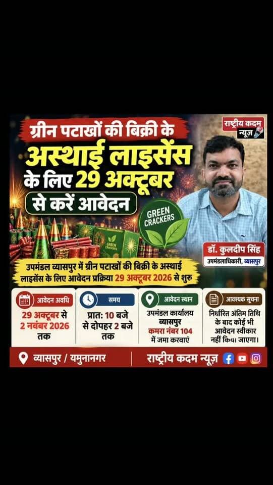 🚨 बड़ी खबर | यमुनानगर में ग्रीन पटाखों की बिक्री के लिए लाइसेंस प्रक्रिया शुरू!
🔥 29 अक्टूबर से करें आवेदन, 2 नवंबर आखिरी तारीख!
📍 उपमंडल व्यासपुर कार्यालय के कमरा नंबर 104 में जमा होंगे आवेदन।
राष्ट्रीय कदम न्यूज़ | हर खबर पर नज़र