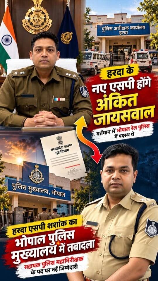 🚨 हरदा को मिले नए SP, शशांक का भोपाल तबादला!
मध्यप्रदेश शासन के गृह विभाग के आदेश के अनुसार, हरदा SP शशांक का तबादला भोपाल पुलिस मुख्यालय में सहायक पुलिस महानिरीक्षक के पद पर किया गया है। वहीं, अंकित जायसवाल हरदा के नए पुलिस अधीक्षक होंगे। 👮♂️
📍 हरदा पुलिस में बड़ा बदलाव!
ऐसी ही हरदा की ताज़ा खबरों के लिए Anokha Harda को फॉलो करें।
#Harda #HardaNews #MPPolice #PoliceTransfer #AnokhaHarda