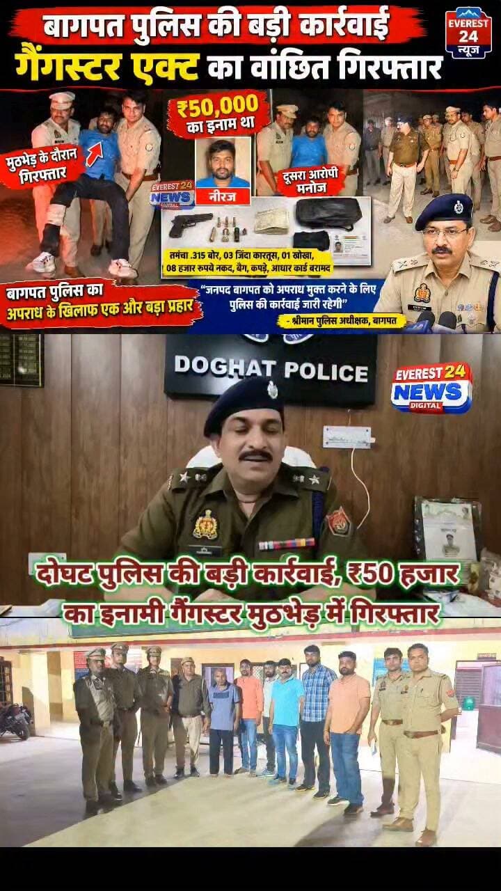 🚨 ब्रेकिंग न्यूज़ | बागपत
दोघट पुलिस की बड़ी कार्रवाई, ₹50 हजार का इनामी गैंगस्टर मुठभेड़ में गिरफ्तार
गैंगस्टर एक्ट में वांछित नीरज को पुलिस ने मुठभेड़ के दौरान घायल अवस्था में दबोचा। आरोपी के कब्जे से .315 बोर का तमंचा, कारतूस, ₹8 हजार नकद व अन्य सामान बरामद। STF UP और सर्विलांस टीम की मदद से ₹50 हजार के एक अन्य इनामी आरोपी मनोज को भी गिरफ्तार किया गया।