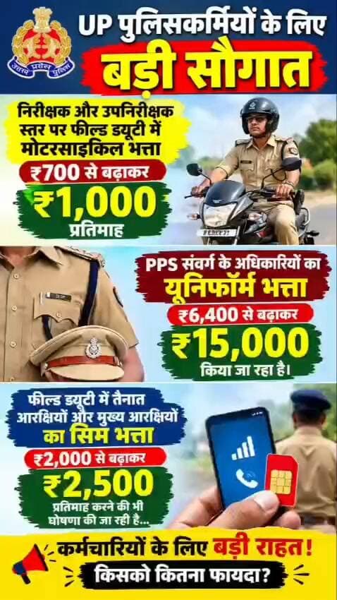यूपी पुलिसकर्मियों को बड़ी राहत, मोटरसाइकिल, यूनिफॉर्म और सिम भत्ते में बढ़ोतरी का ऐलान