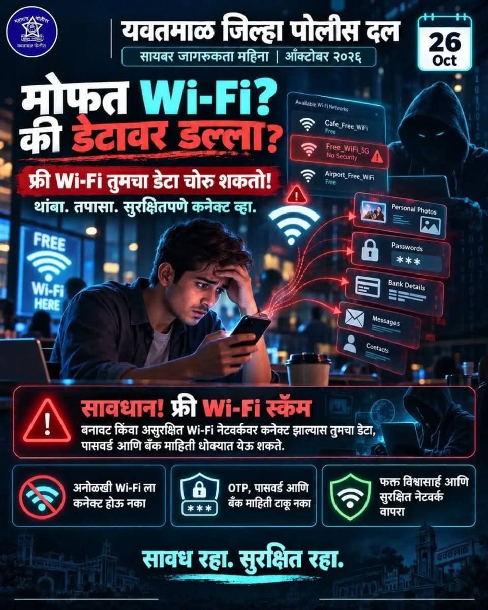 मोफत Wi-Fi? की डेटावर डल्ला?
फ्री Wi-Fi तुमचा डेटा चोरु शकतो! थांबा. तपासा. सुरक्षितपणे कनेक्ट व्हा.
@cmomaharashtra
महाराष्ट्र पोलीस | Maharashtra Police
HMO Maharashtra
#yavatmalpolice
#police
#Yavatmal