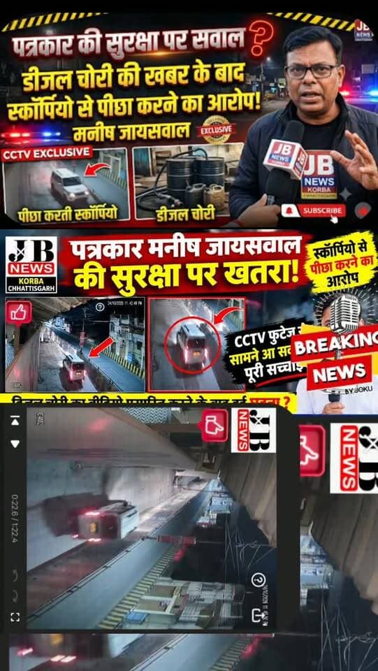 🚨 कोरबा में पत्रकार मनीष जायसवाल की सुरक्षा को लेकर SP से शिकायत, FIR दर्ज कर निष्पक्ष जांच की मांग
24 अक्टूबर की रात स्कॉर्पियो वाहन से पीछा करने और टक्कर जैसी स्थिति उत्पन्न होने का आरोप | CCTV फुटेज सुरक्षित कराने, प्रत्यक्षदर्शी के बयान और जान-माल की सुरक्षा सुनिश्चित करने की मांग
JB NEWS KORBA CHHATTISGARH | मनीष जायसवाल की विशेष खबर
कोरबा। जनहित से जुड़े मुद्दों को लगातार सामने लाने वाले पत्रकार मनीष जायसवाल ने अपनी सुरक्षा को लेकर पुलिस अधीक्षक के समक्ष लिखित शिकायत प्रस्तुत की है। शिकायत में 24 अक्टूबर की रात हुई कथित घटना का उल्लेख करते हुए FIR दर्ज करने, निष्पक्ष जांच कराने, CCTV फुटेज सुरक्षित कराने तथा अपनी जान-माल की सुरक्षा सुनिश्चित करने की मांग की गई है।
पत्रकार ने पुलिस से पूरे मामले को गंभीरता से लेते हुए घटना की याददाश्त एवं शिकायत संबंधी दस्तावेजों को पुलिस रिकॉर्ड में दर्ज करने और नियमानुसार कार्रवाई करने का आग्रह किया है।
🔴 रात करीब 11:35 बज�
