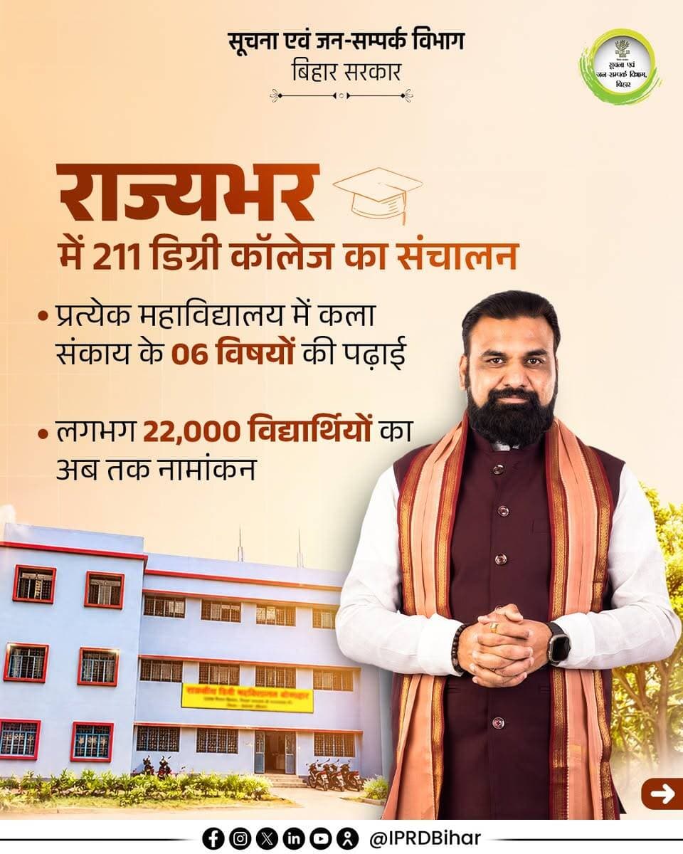 माननीय मुख्यमंत्री श्री सम्राट चौधरी जी के नेतृत्व में राज्यभर में 211 डिग्री कॉलेजों की पहल युवाओं के लिए उच्च शिक्षा के नए अवसरों का मार्ग प्रशस्त कर रही है। साथ ही गुणवत्तापूर्ण शिक्षा के माध्यम से विद्यार्थियों को अपने ज्ञान, कौशल और क्षमता को निखारने का अवसर मिल रहा है, जिससे वे अपने उज्ज्वल भविष्य की मजबूत नींव रख रहे हैं।
Samrat Choudhary
@BiharHigherEducationdept
<nis:link nis:type=tag nis:id=degreecollege nis:value=DegreeCollege nis:enabled=true nis:link/>
<nis:link nis:type=tag nis:id=samratchoudhary nis:value=SamratChoudhary nis:enabled=true nis:link/>
<nis:link nis:type=tag nis:id=cmsamrat nis:value=CMSamrat nis:enabled=true nis:link/>
