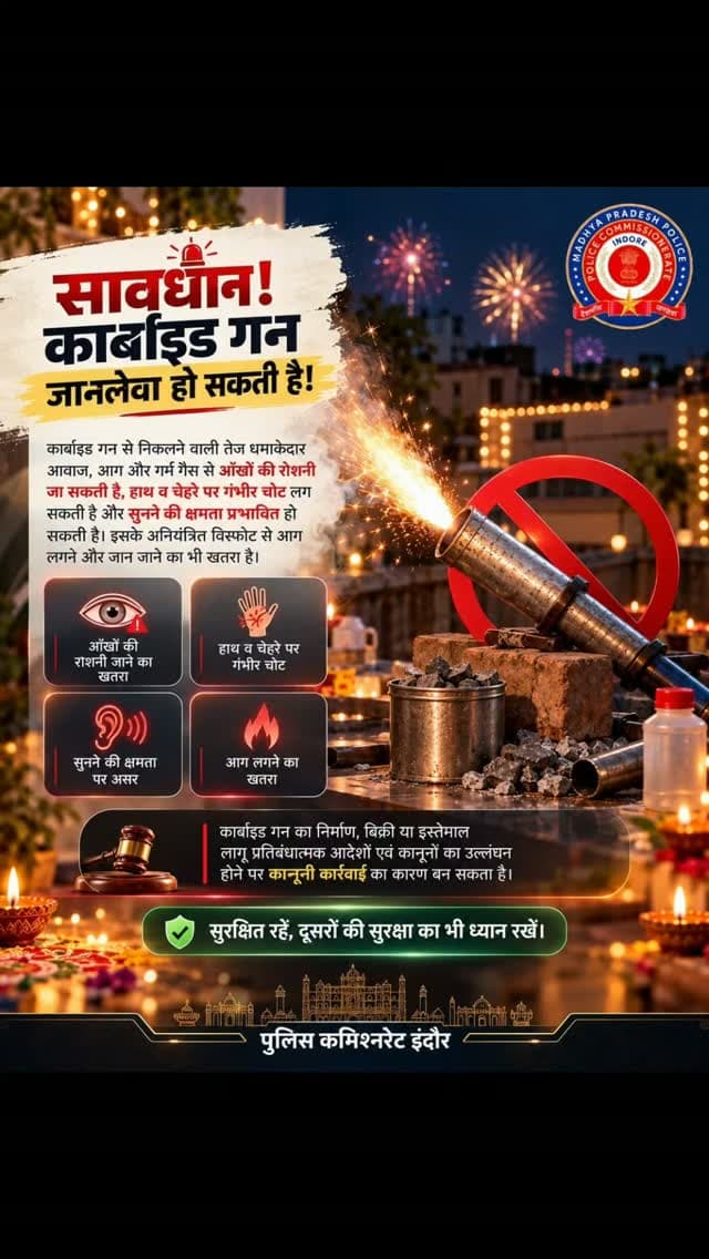 🪔 *खुशियों के त्योहार को सुरक्षित तरीके से मनाएं.... कार्बाइड गन जैसी चीजों से दूरी बनाएं*
⚠️ कार्बाइड गन की तेज धमाकेदार आवाज़ और गर्म गैस से आँखों की रोशनी जाने, हाथ-मुँह पर गंभीर चोट लगने तथा सुनने की क्षमता प्रभावित होने का खतरा है।
🛡️ इंदौर पुलिस की अपील:
इस दिवाली, खतरनाक कार्बाइड गन जैसी विस्फोटक सामग्री से बचें और अपने बच्चों और परिवार को कार्बाइड गन के जानलेवा खतरों के प्रति जागरूक करें।
#indorepolice #indore #safediwali #कार्बाइडगन #diwali2026