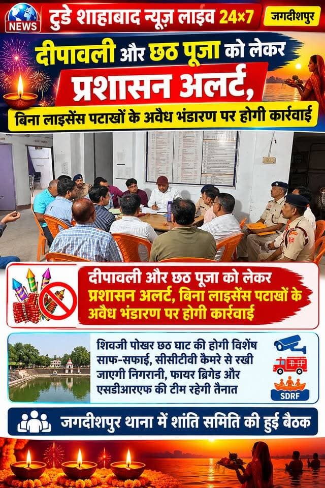 दीपावली और छठ पूजा को लेकर प्रशासन अलर्ट, बिना लाइसेंस पटाखों के अवैध भंडारण पर होगी कार्रवाई,शिवजी पोखर छठ घाट की होगी विशेष साफ-सफाई, सीसीटीवी कैमरे से रखी जाएगी निगरानी, फायर ब्रिगेड और एसडीआरएफ की टीम रहेगी तैनात
DM Bhojpur BhojpurPolice
#ShahabadNews #BiharPolice #AraNews #LatestUpdate #दीपावली
#छठपूजा