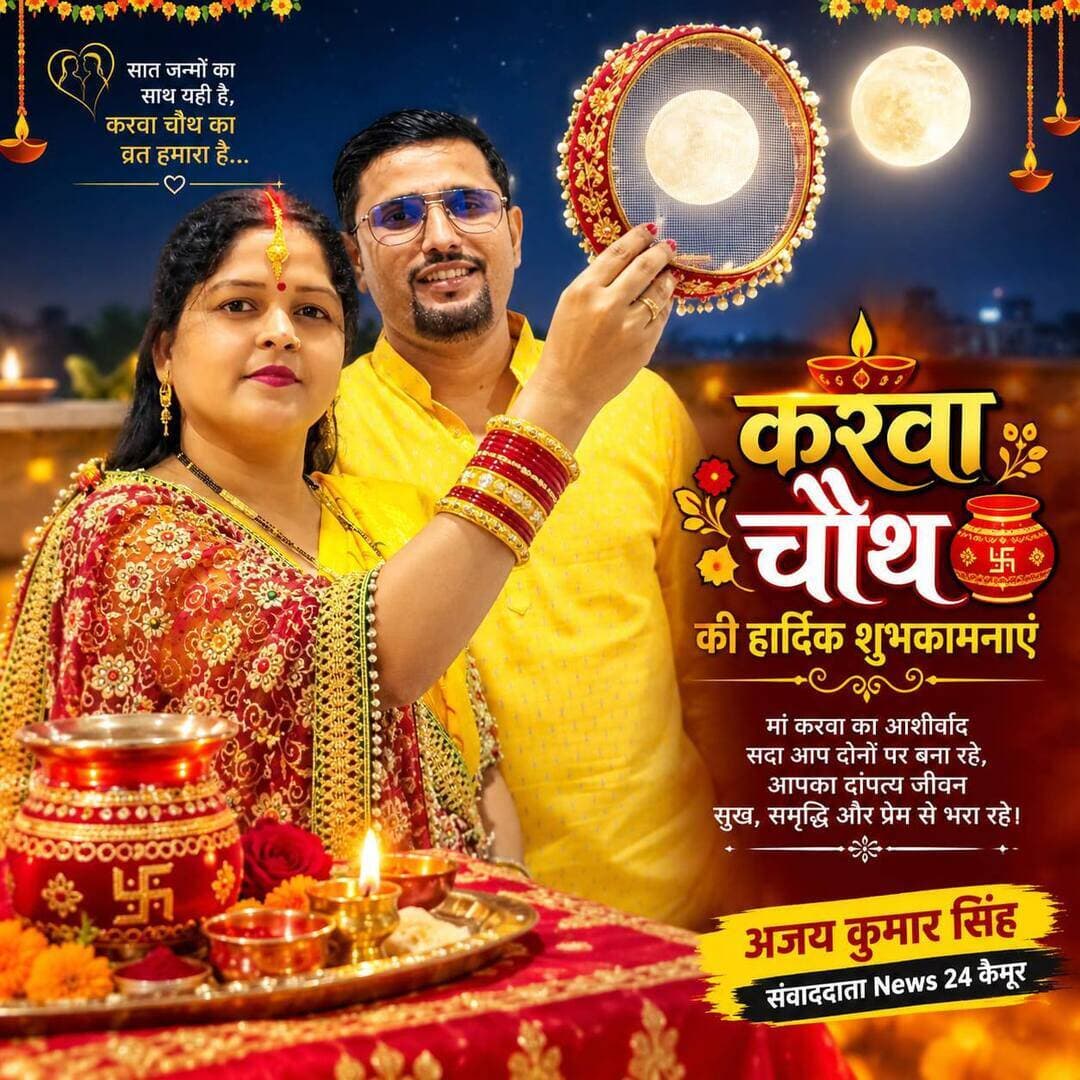 🌹❤️ **करवा चौथ की हार्दिक शुभकामनाएं** ❤️🌹
🌙 *चांद की रोशनी में खिले प्यार का एहसास,*
*पति-पत्नी के रिश्ते में बना रहे विश्वास।*
*सदा बनी रहे जीवन में खुशियों की बहार,*
*करवा चौथ पर और गहरा हो प्रेम और प्यार।* 🙏❤️
भारतीय संस्कृति और परंपरा का प्रतीक करवा चौथ का पावन पर्व सभी के जीवन में सुख, समृद्धि, प्रेम और खुशियां लेकर आए। मां करवा माता से प्रार्थना है कि सभी सुहागिनों का सुहाग सदा सलामत रहे और हर दांपत्य जीवन प्रेम, विश्वास और खुशहाली से भरा रहे। 🌺🪔
**आप सभी को करवा चौथ की हार्दिक बधाई एवं मंगलकामनाएं।** 🌙❤️
✍️ **अजय कुमार सिंह**
📰 *संवाददाता, News 24 कैमूर*
#करवाचौथ #KarwaChauth #शुभकामनाएं