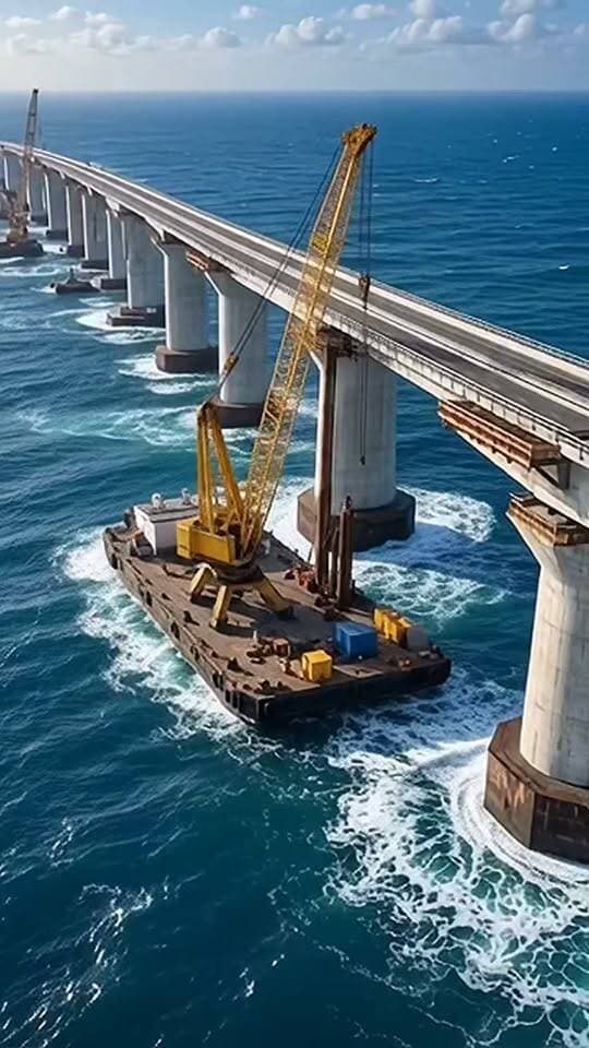 How do engineers build a massive bridge in the middle of the ocean? 🌊🏗️#MarineEngineering #MegaStructures #CivilEngineering #FacebookReels #reelstrending