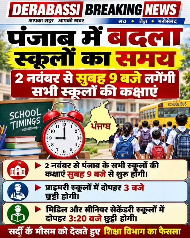 पंजाब में बदला स्कूलों का समय, 2 नवंबर से सुबह 9 बजे लगेंगी सभी स्कूलों की कक्षाएं
प्राइमरी स्कूलों में दोपहर 3 बजे होगी छुट्टी।
मिडिल और सीनियर सेकेंडरी स्कूलों में 3:20 बजे छुट्टी होगी।
सर्दी के मौसम को देखते हुए शिक्षा विभाग का फैसला।