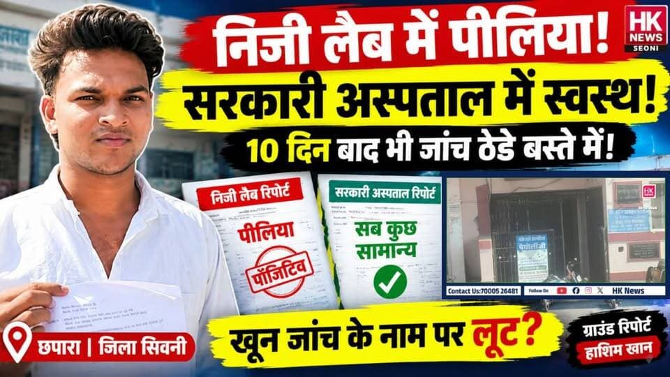 10 दिन बाद भी जांच ठंडे बस्ते में!
HK News पर खबर प्रसारित होने के बाद CMHO ने कठोर कार्रवाई के निर्देश दिए थे, लेकिन सवाल है कि अब तक जांच क्यों नहीं हुई?
लैब का पंजीयन है या नहीं? जांच करने वाला टेक्नीशियन योग्य है या नहीं? आखिर जिम्मेदार अधिकारियों की चुप्पी क्यों?
अब स्वास्थ्य विभाग से जवाब और निष्पक्ष जांच की उम्मीद है।
📍 छपारा, जिला सिवनी
ग्राउंड रिपोर्ट: हाशिम खान | HK News Seoni
#HKNewsSeoni #SeoniNews #ChhaparaNews #स्वास्थ्यविभाग #पैथोलॉजी_लैब #खबर_का_असर #Seoni
