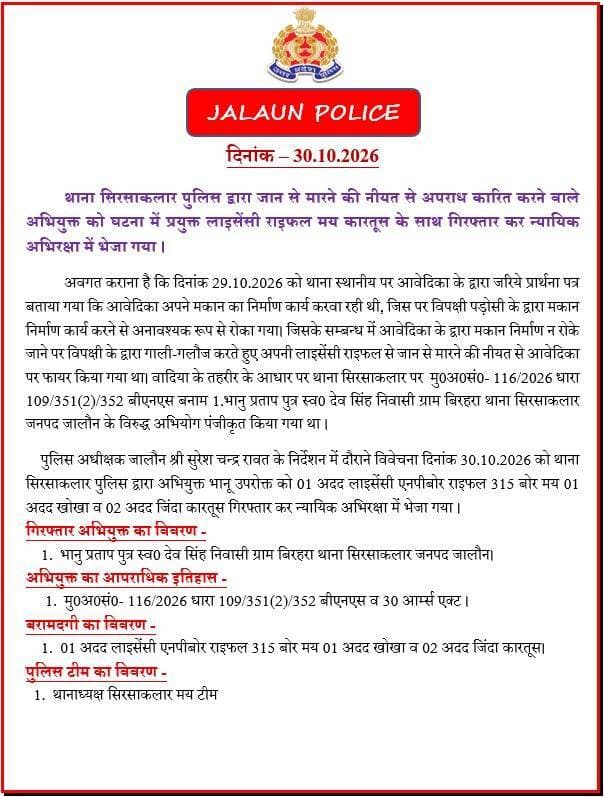 थाना सिरसाकलार पुलिस द्वारा जान से मारने की नीयत से अपराध कारित करने वाले अभियुक्त को घटना में प्रयुक्त लाइसेंसी राइफल मय कारतूस के साथ गिरफ्तार कर न्यायिक अभिरक्षा में भेजा गया!!!