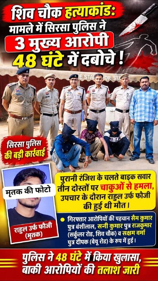 शिव चौक हत्याकांड: मामले में सिरसा पुलिस ने 3 मुख्य आरोपी 48 घंटे में दबोचे ।
पुरानी रंजिश के चलते बाइक सवार तीन दोस्तों पर चाकुओं से हमला, उपचार के दौरान राहुल उर्फ फौजी की हुई थी मौत ।
सिरसा। शहर के शिव चौक पर पुरानी रंजिश के चलते चाकुओं से हमला कर युवक की हत्या करने के मामले में सिरसा पुलिस ने त्वरित कार्रवाई करते हुए तीन मुख्य आरोपियों को मात्र 48 घंटे के भीतर काबू कर लिया है । गिरफ्तार आरोपियों की पहचान सैम कुमार पुत्र बंशीलाल व सन्नी कुमार पुत्र राजकुमार निवासी सर्कुलर रोड, शिव चौक सिरसा व सक्षम वर्मा पुत्र दीपक निवासी बेगू रोड सिरसा के रूप में हुई है। शहर थाना प्रभारी इंस्पेक्टर संतोष कुमार ने बताया कि 27 अक्तूबर की रात्रि को बाइक सवार तीन दोस्तों पर शिव चौक के पास कुछ युवकों ने हमला कर दिया था। हमले में राहुल उर्फ फौजी और अरुण कुमार गंभीर रूप से घायल हो गए थे। तीसरे दोस्त साहिल ने दोनों घायलों को नागरिक अस्पताल पहुंचाया, जहां से चिकित्सकों ने उन्हें रेफर कर दिया। बाद में परिजन उन्हें निजी अस्पताल लेकर पहुंचे। राहुल की गंभीर हालत को देखते हुए उसे बठिंडा एम्स रेफर किया गया, जहां 28 अक्तूबर की देर रात उपचार के दौरान उसकी मौत हो गई। अरुण कुमार का सिरसा के निजी अस्पताल में उपचार जारी है ।
पुलिस के अनुसार घायल अरुण कुमार पुत्र राकेश कुमार निवासी चतरगढ़ पट्टी सिरसा ने अपने बयान में बताया कि वह अपने दोस्तों राहुल और साहिल के साथ बाइक पर जा रहा था। शिव चौक के पास कीर्ति नगर निवासी सुजल व अन्य युवकों ने उनका रास्ता रोककर हमला कर दिया। हमलावरों ने चाकुओं से वार कर राहुल और अरुण को गंभीर घायल कर दिया।पुलिस अधीक्षक दीपक सहारन के संज्ञान में मामला आते ही सीआईए सिरसा और शहर थाना पुलिस की टीमें गठित कर आरोपियों की गिरफ्तारी के निर्देश दिए गए। पीड़ित के बयान के आधार पर चार नामजद सहित आठ अन्य आरोपियों के खिलाफ शहर थाना सिरसा में हत्या का मामला दर्ज कर जांच शुरू की गई थी । प्रारंभिक जांच में साहिल और सुजल के बीच पुरानी रंजिश की बात सामने आई है। पुलिस ने मृतक के शव का पोस्टमार्टम बठिंडा एम्स हॉस्पिटल में करवाकर शव परिजनों के हवाले कर दिया था । गिरफ्तार किए गए तीनों आरोपियों को आज अदालत में पेश कर पुलिस रिमांड पर लिया जाएगा । थाना प्रभारी ने बताया कि मामले की जांच जारी है तथा वारदात में शामिल अन्य लोगों की भूमिका की भी जांच की जा रही है। संलिप्त पाए जाने वाले प्रत्येक व्यक्ति के खिलाफ नियमानुसार सख्त कार्रवाई की जाएगी । #Sirsa #SP #Deepaksaharan #viralchallenge #Crimenews #BreakingNews
