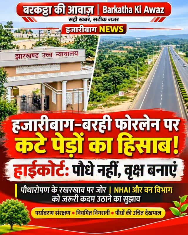 हजारीबाग-बरही फोरलेन पर कटे पेड़ों का हिसाब! हाईकोर्ट बोला- पौधे लगाएं ही नहीं, वृक्ष बनाएं
झारखंड हाईकोर्ट ने पौधारोपण के रखरखाव पर दिया जोर, एनएचएआई और वन विभाग को जरूरी कदम उठाने का सुझाव
हजारीबाग। हजारीबाग-बरही फोरलेन सड़क के चौड़ीकरण के दौरान पेड़ों की कटाई और उसके बाद पौधारोपण से जुड़े मामले में झारखंड हाईकोर्ट ने पर्यावरण संरक्षण को लेकर महत्वपूर्ण सुझाव दिए हैं। अदालत ने कहा कि राष्ट्रीय राजमार्ग के किनारे पौधे लगाने का उद्देश्य तभी पूरा होगा, जब वे पर्याप्त जगह और उचित देखभाल के साथ विकसित होकर वृक्ष बन सकें। केवल पौधे लगा देना पर्याप्त नहीं है, उनके संरक्षण और नियमित निगरानी पर भी ध्यान देना जरूरी है।
मुख्य न्यायाधीश एमएस सोनक और न्यायमूर्ति मनोज प्रसाद की खंडपीठ ने राष्ट्रीय राजमार्ग-33 के बरही-हजारीबाग फोरलेन चौड़ीकरण और पेड़ों की कटाई से संबंधित स्वत: संज्ञान से दर्ज जनहित याचिका पर सुनवाई के दौरान ये सुझाव दिए। इस