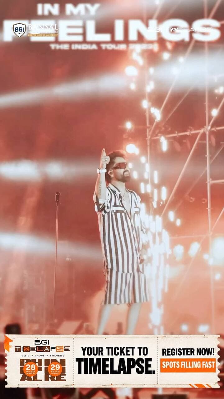 Bhopal & Indore, how loud can you get? 🎙️⚡
Harrdy Sandhu is bringing the hits to BGI TIMELAPSE 2026…You bring the chorus!
Get ready for hands in the air, non-stop dancing, and that moment when the whole crowd sings your favourite song together.
📍 28th November | Bansal Group of Institutes, Kokta, Anand Nagar, Bhopal
📍 29th November | Sushila Devi Bansal College, AB Road, Umaria, near Rau, Indore
Choose your city. Call your crew.
Register now!
#bgitimelapse2026 #bhopal #indore #culturalfest #harrdysandhu