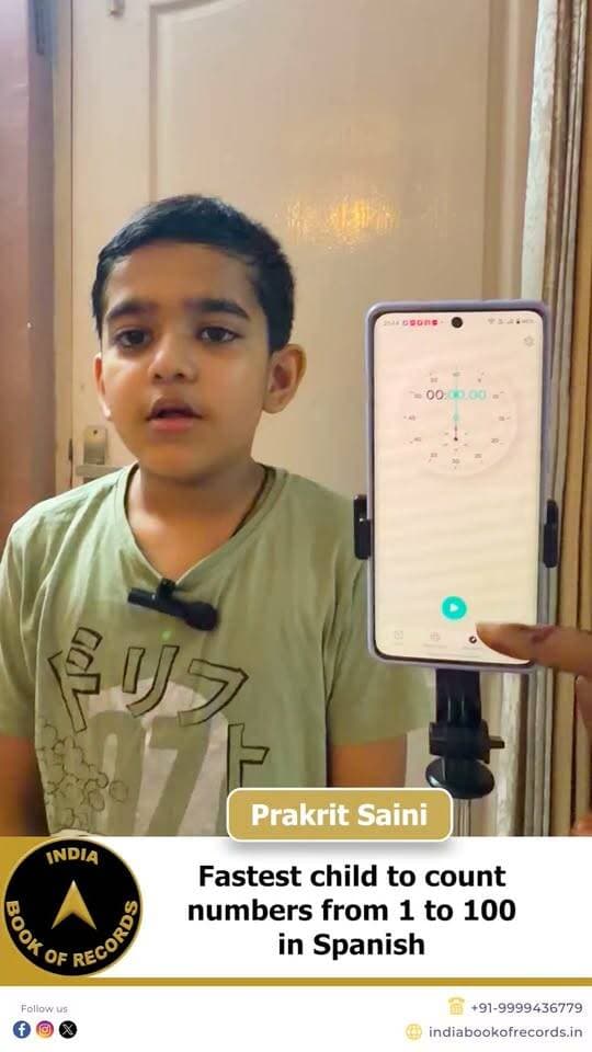 1 to 100 in Spanish in Just 1 Minute 9 Seconds | IBR
Prakrit Saini from Faridabad, Haryana, earned recognition from the India Book of Records for counting 1 to 100 in Spanish in just 1 minute, 9 seconds and 4 milliseconds. At only 9 years old, his impressive language skills and speed made this a remarkable achievement.
#indiabookofrecords #spanishnumbers #spanishlanguage #youngachiever #ibr