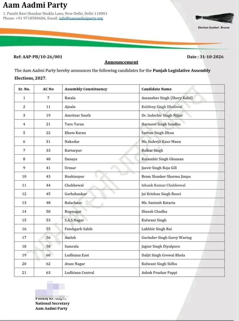 🚨 2027 विधानसभा चुनाव के लिए आम आदमी पार्टी ने जारी की उम्मीदवारों की पहली सूची!
पार्टी ने कई उम्मीदवारों के नामों का किया ऐलान, सभी घोषित प्रत्याशियों को दी जा रही हैं शुभकामनाएं।