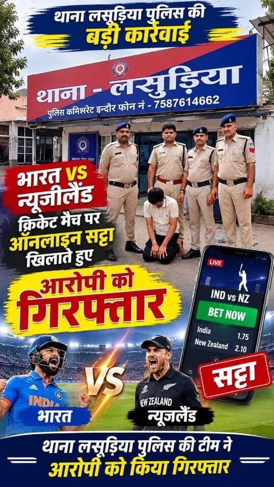 ◆ भारत vs न्यूजीलैंड क्रिकेट मैच पर ऑनलाइन सट्टा खिलाते हुए आरोपी को थाना लसूड़िया पुलिस ने किया गिरफ्तार।
थाना लसूड़िया पुलिस ने प्रभावी कार्रवाई करते हुए ऑनलाइन क्रिकेट सट्टा संचालित करने वाले आरोपी को गिरफ्तार किया। आरोपी के कब्जे से 06 मोबाइल फोन, 01 लैपटॉप, पेन ड्राइव, हिसाब का रजिस्टर एवं ₹4,000 नगद, कुल करीब ₹1 लाख कीमत का मश्रुका जप्त किया गया। आरोपी के विरुद्ध सार्वजनिक जुआ अधिनियम के तहत प्रकरण दर्ज कर अन्य संलिप्त व्यक्तियों के संबंध में पूछताछ की जा रही है।
इंदौर पुलिस – अवैध गतिविधियों के विरुद्ध लगातार प्रभावी कार्रवाई।
#IndorePolice #mppolice