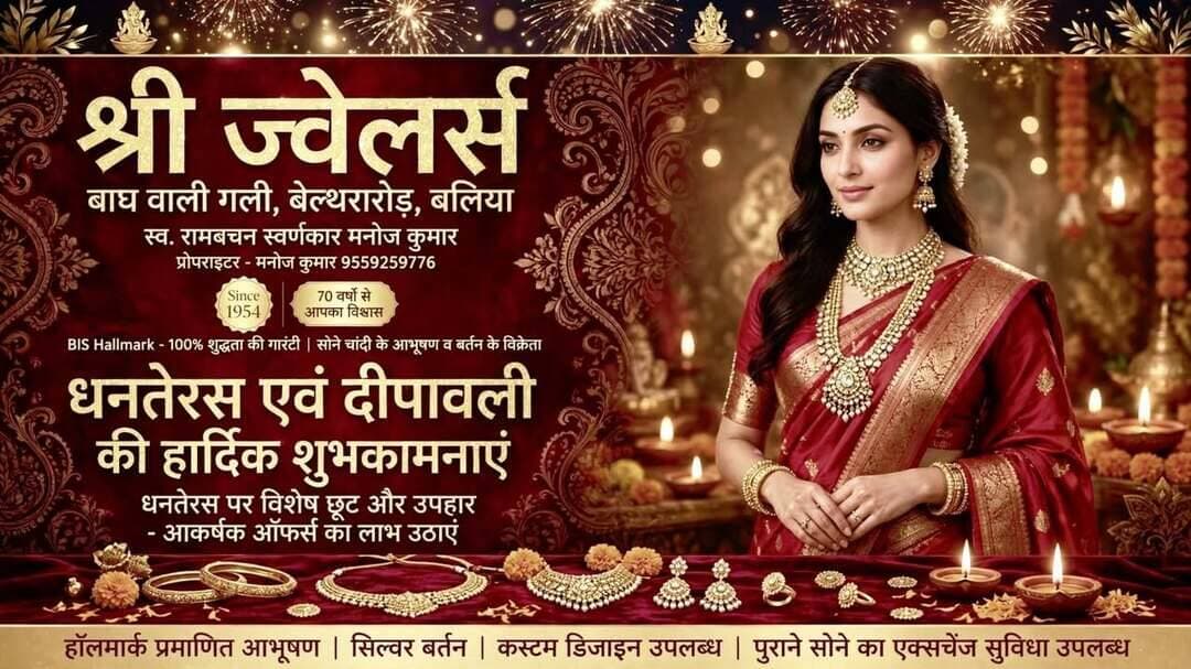 #बलिया इस #धनतेरस और #दीपावली पर #सोने-चांदी की चमक से रोशन कीजिए अपने घर-आंगन और खुशियों को दीजिए परंपरा का खूबसूरत उपहार! #बेल्थरारोड की बाघ वाली गली में स्थित #श्रीज्वेलर्स लेकर आया है धनतेरस और दीपावली स्पेशल आकर्षक कलेक्शन। यहां मिलेगा ब्राइडल गोल्ड ज्वेलरी का शानदार संग्रह, हॉलमार्क प्रमाणित सोने के आभूषण, चांदी के खूबसूरत बर्तन और लक्ष्मी-विष्णु की मनमोहक प्रतिमाएं। साथ ही कस्टम डिजाइन और पुराने सोने के एक्सचेंज की सुविधा भी उपलब्ध है। स्वर्गीय रामबचन स्वर्णकार की विरासत को आगे बढ़ाते हुए प्रोपराइटर मनोज कुमार के नेतृत्व में 70 वर्षों से कायम विश्वास, शुद्धता और सेवा की परंपरा। इस दीपावली अपनी पसंद और बजट के अनुसार आभूषणों की खरीदारी के लिए जरूर पहुंचें: श्री ज्वेलर्स, बाघ वाली गली, बेल्थरारोड, बलिया। संपर्क करें 9559259776...
#followerseveryone #nonfollowersviewers
#ShreeJewellers #DhanterasSpecial #DiwaliShopping #GoldJewellery #TrustedSince1954