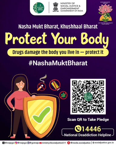 Protect your body and your future — say no to drugs and choose a healthier life. Call the National Deaddiction Helpline at 14446 for support. #NashaMuktBharat