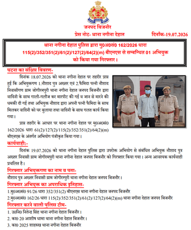 #BijnorPolice
थाना नगीना देहात पुलिस द्वारा मु0अ0सं0 162/2026 धारा 115(2)/352/351(2)/61(2)/127(2)/64(2)(m) बीएनएस से सम्बन्धित 01 अभियुक्त को किया गया गिरफ्तार।
#UPPolice https://t.co/Virtrlqdvc