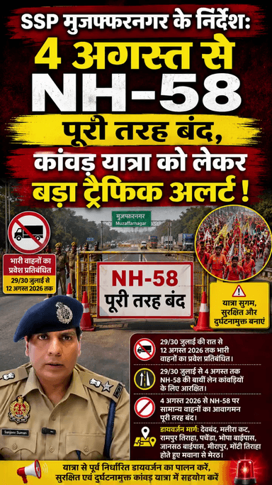 मुजफ्फरनगर एनएच 58 रोड 4 अगस्त को पूरा तारा से बंद हो जाएगा