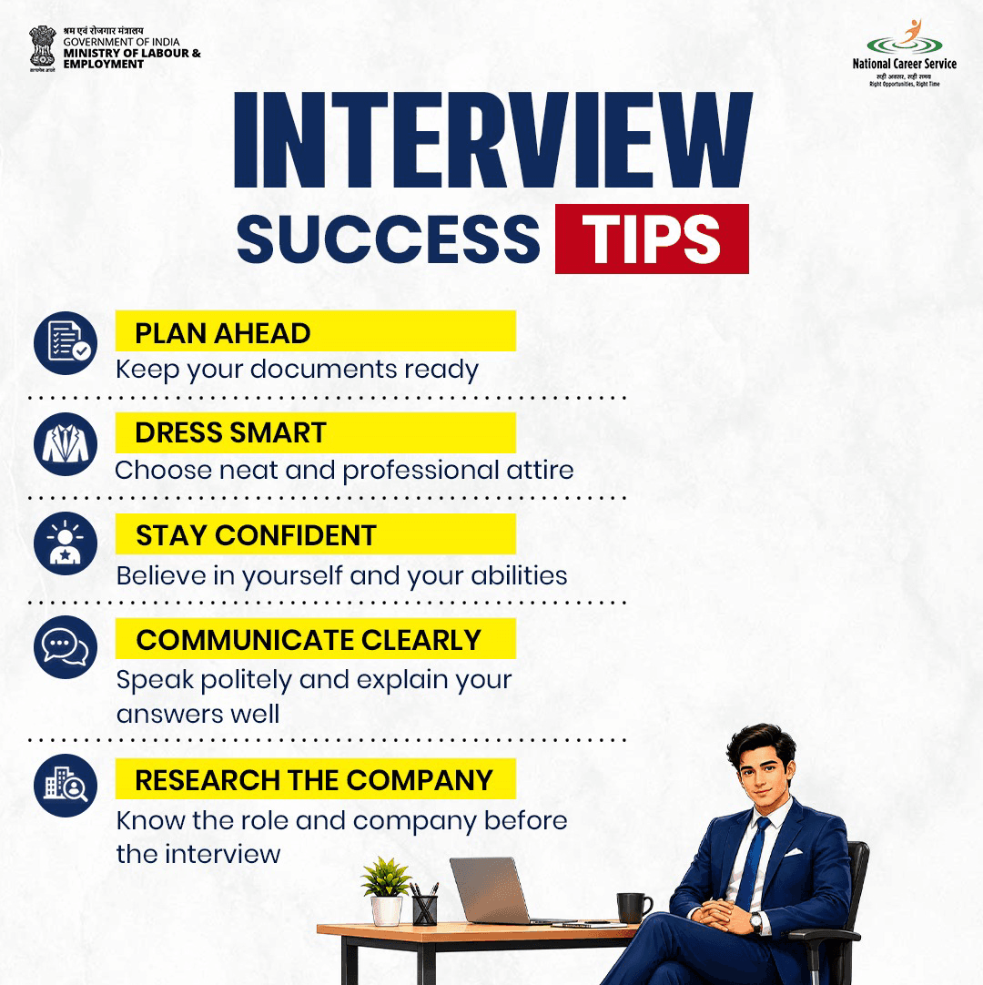 Prepare thoroughly, communicate clearly, and stay confident to make a positive impression. Take your preparation a step further with the AI Interview Coach on the National Career Service (NCS) portal. ЁЯМР www.ncs.gov.in #NationalCareerService #InterviewTips #CareerSupport
