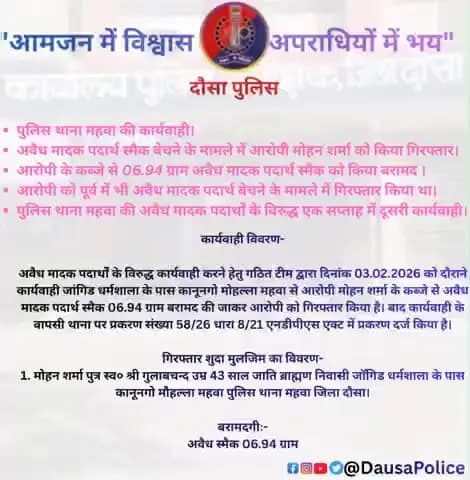 पुलिस थाना #महवा की कार्यवाही
अवैध मादक पदार्थों के विरुद्ध अभियान के तहत पुलिस थाना महवा द्वारा स्मैक बेचने के आरोपी मोहन शर्मा को गिरफ्तार किया गया। आरोपी के कब्जे से 06.94 ग्राम अवैध स्मैक बरामद की गई। आरोपी पूर्व में भी एनडीपीएस एक्ट मे