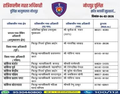 #जोधपुर_पुलिस
आयुक्तालय क्षेत्र में निम्न अधिकारियों की #रात्रिकालीन_गश्त 12 AM से 05 AM तक रहेगी। रात्रि में किसी प्रकार की सहायता के लिए निम्न अधिकारियो से संपर्क कर सकते हैं। आपकी सुरक्षा हमारी प्राथमिकता है।