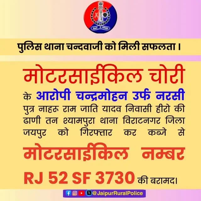 #Jaipur_Rural: पुलिस थाना चन्दवाजी को मिली सफलता ।
मोटरसाईकिल चोरी के आरोपी चन्द्रमोहन उर्फ नरसी पुत्र नाहरू राम जाति य...