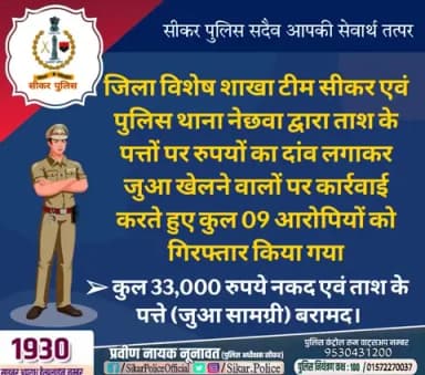 #सीकर
🔸जिला विशेष शाखा टीम सीकर एवं पुलिस थाना नेछवा द्वारा ताश के पत्तों पर रुपयों का दांव लगाकर जुआ खेलने वालों पर कार्रवाई करते हुए कुल 09 आरोपियों को गिरफ्तार किया गया
➢ कुल 33,000 रुपये नकद एवं ताश के पत्ते (जुआ सामग्री) बरामद।